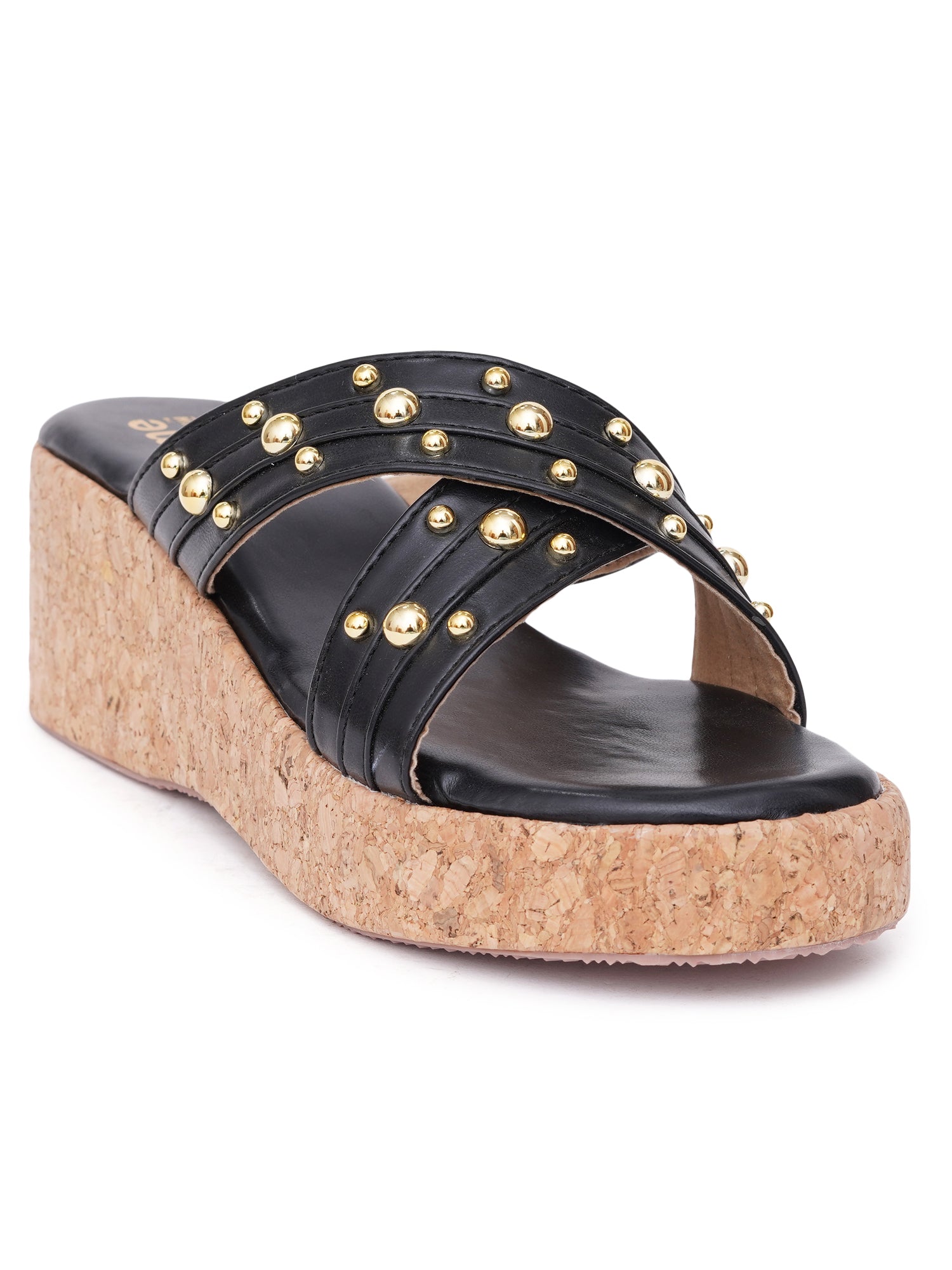 Studded Cross Strap Cork Wedge Slides