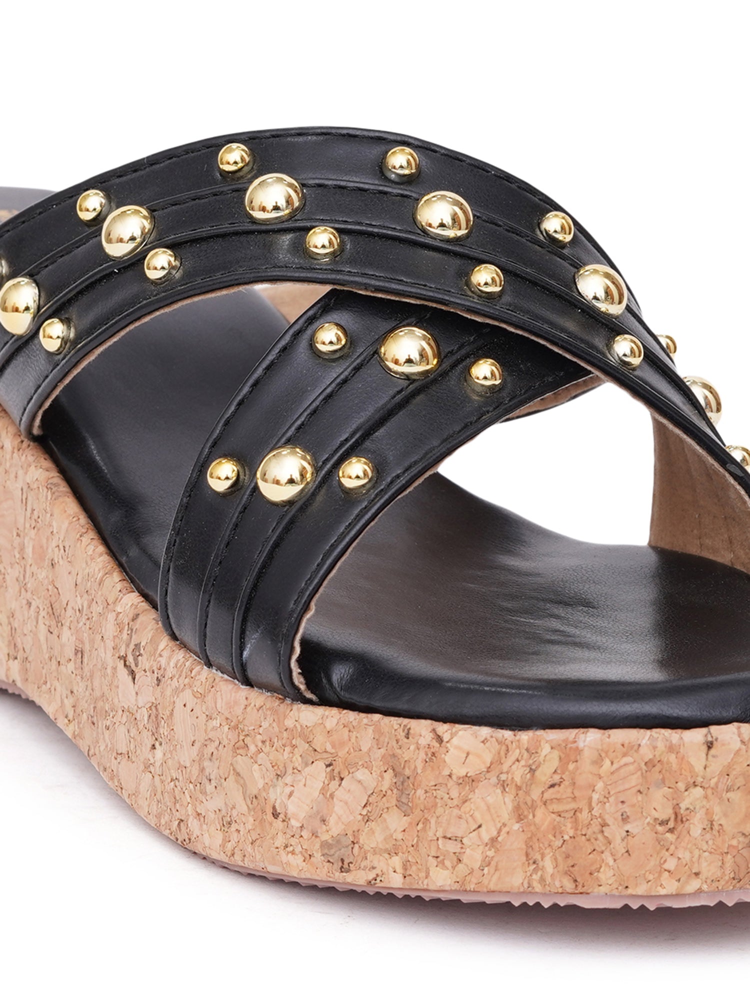 Studded Cross Strap Cork Wedge Slides