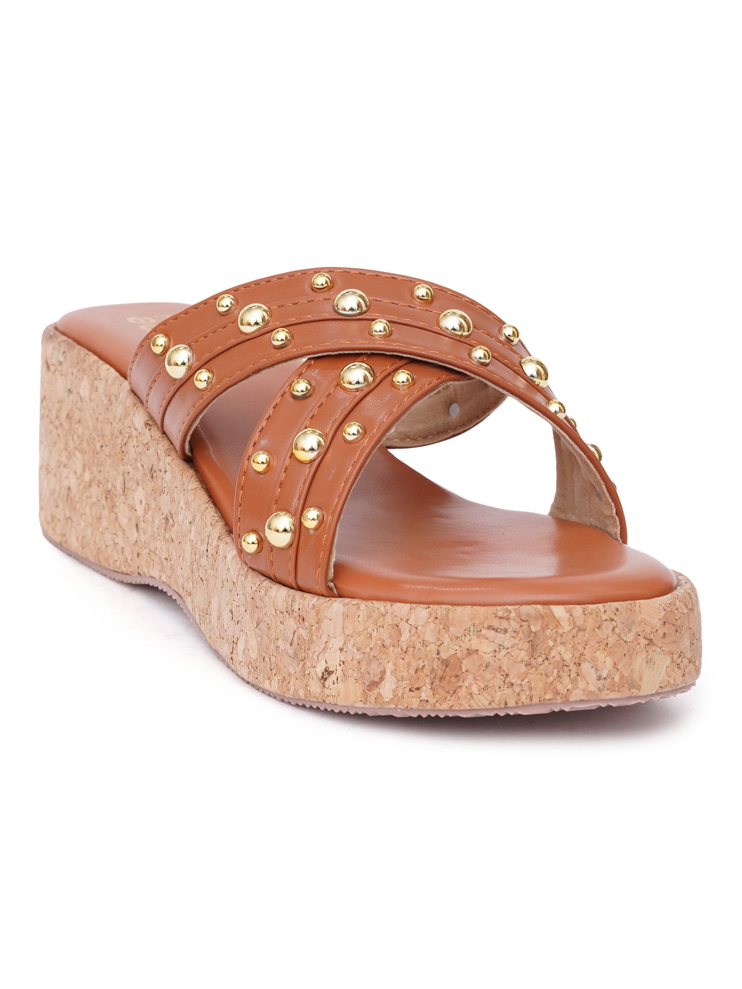 Studded Cross Strap Cork Wedge Slides