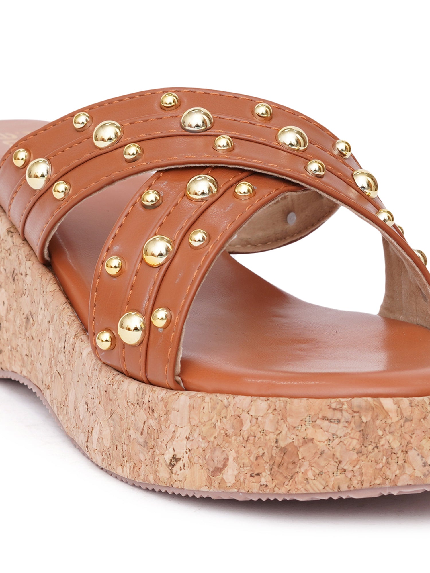 Studded Cross Strap Cork Wedge Slides