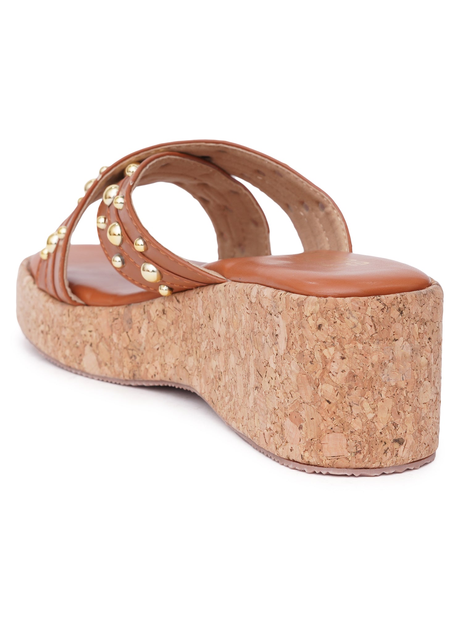 Studded Cross Strap Cork Wedge Slides