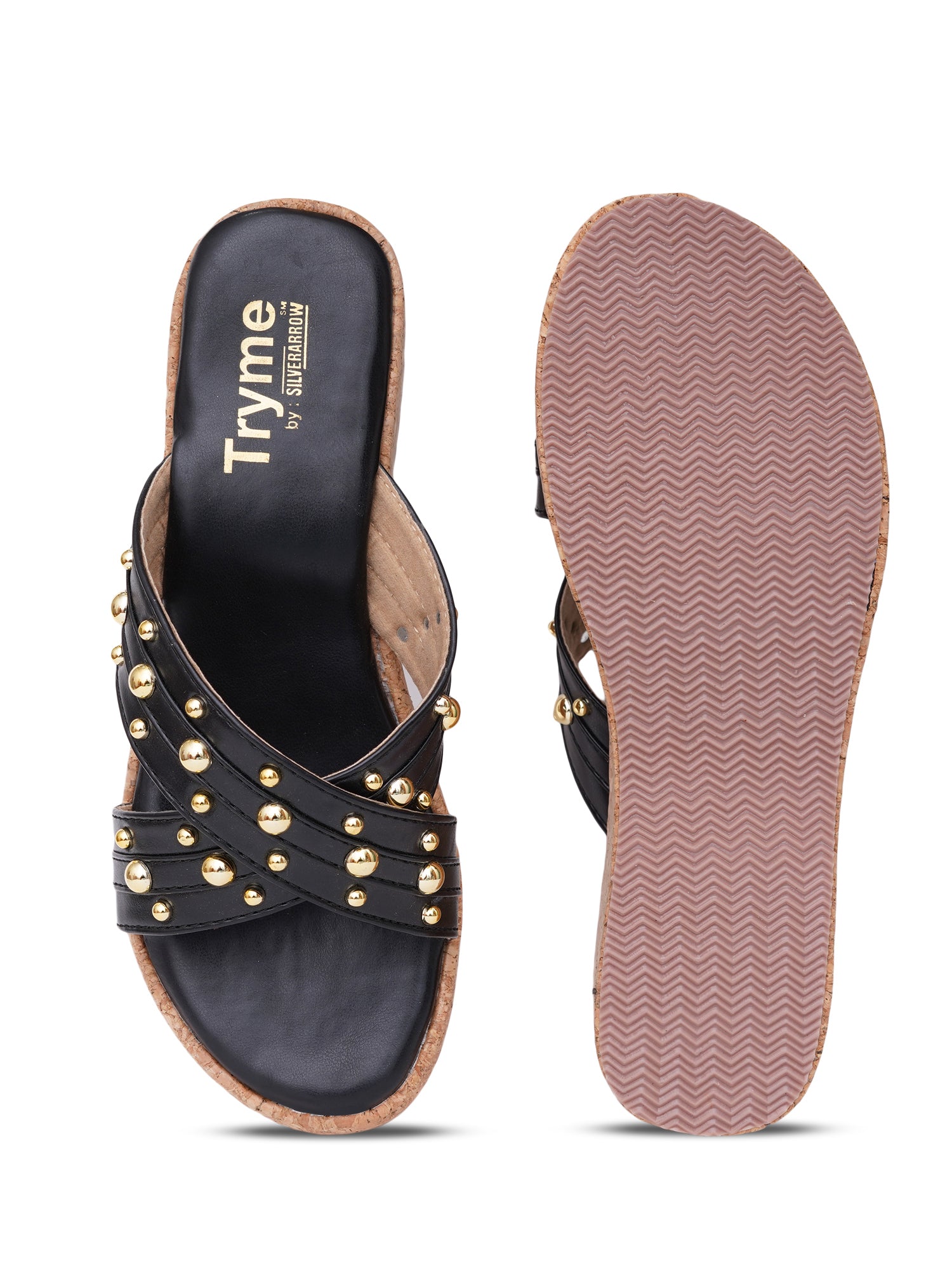 Studded Cross Strap Cork Wedge Slides
