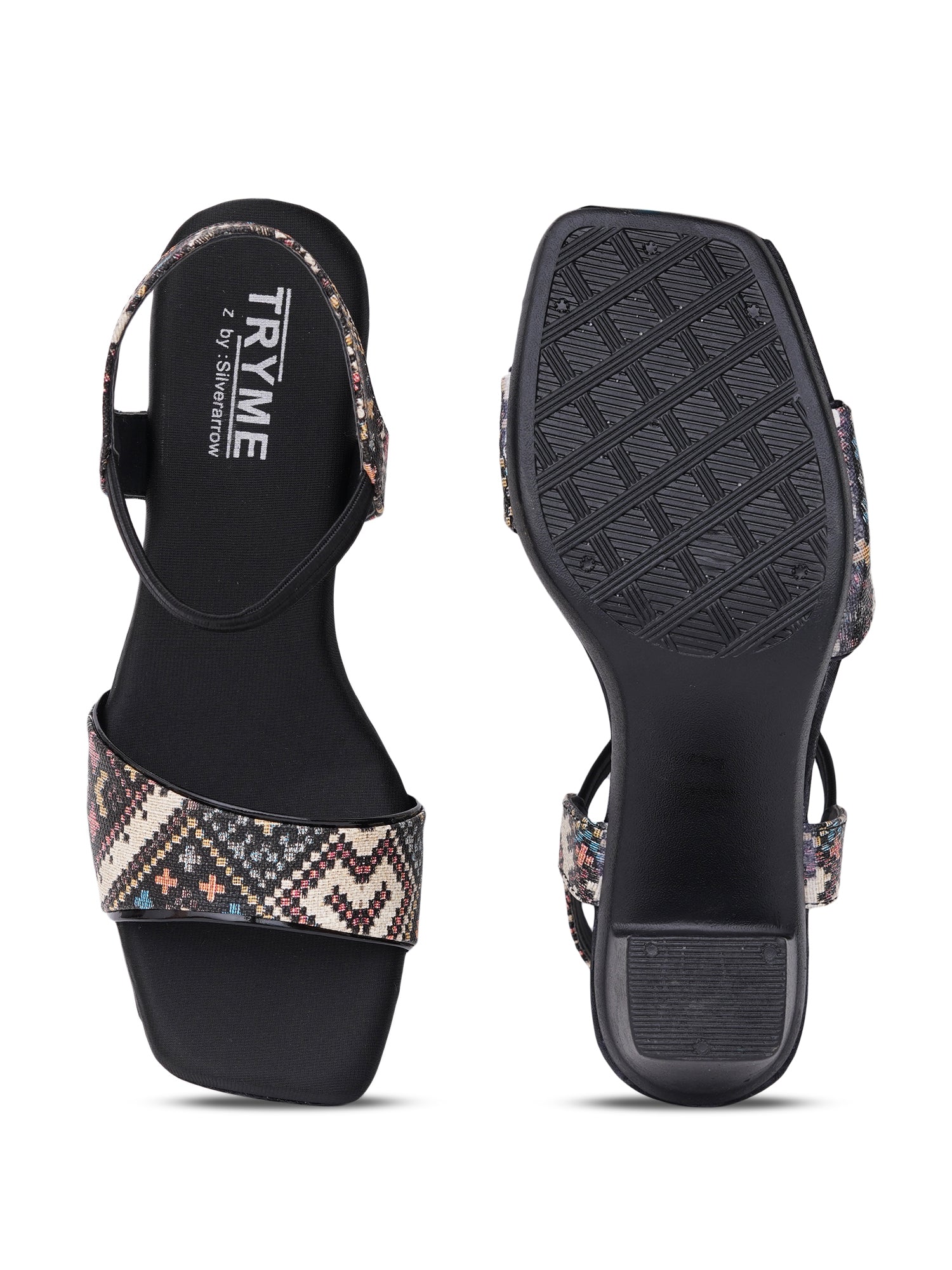 Boho Print Slingback Square Toe Block Heel Sandals