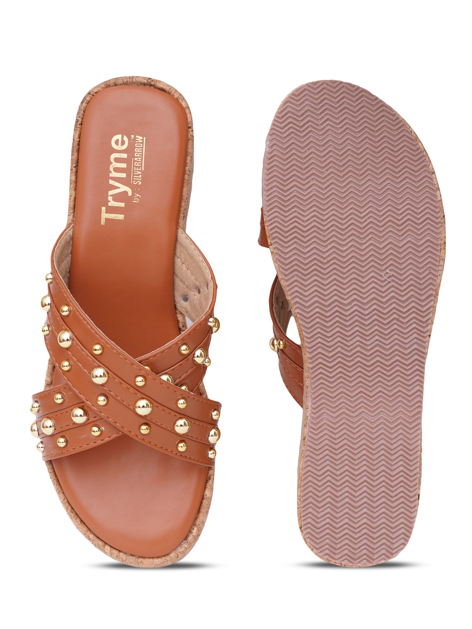 Studded Cross Strap Cork Wedge Slides