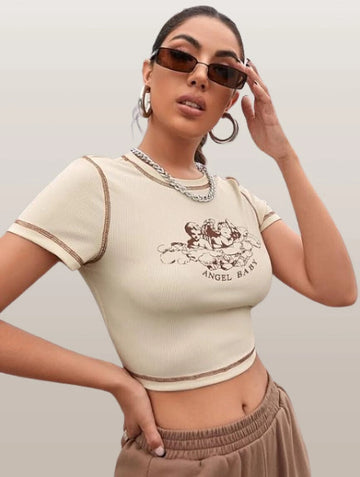 Fitted Angel Baby Graphic Printed Contrast Stitch Crop Top-Cream