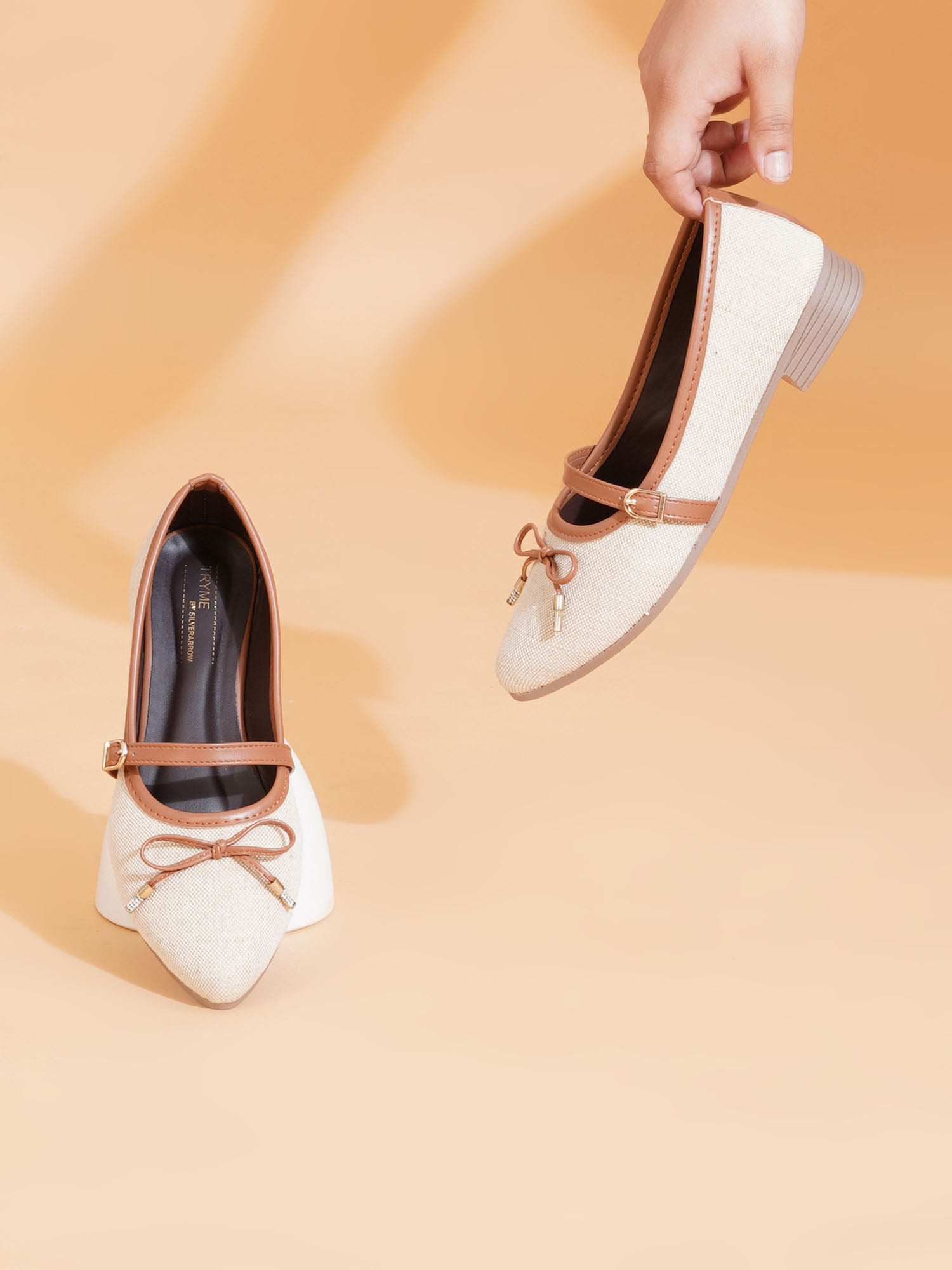 Linen Textured Pointed Toe Mary Jane Ballet