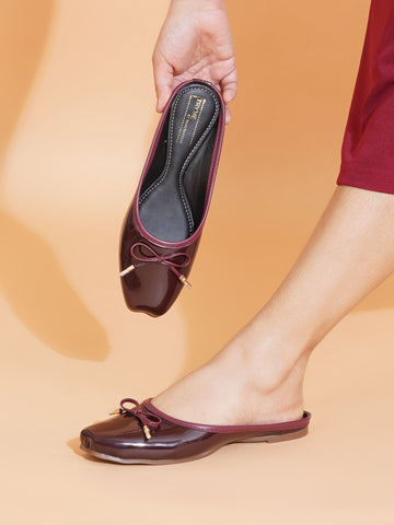 Glossy Square ToeMules with Bow Detail