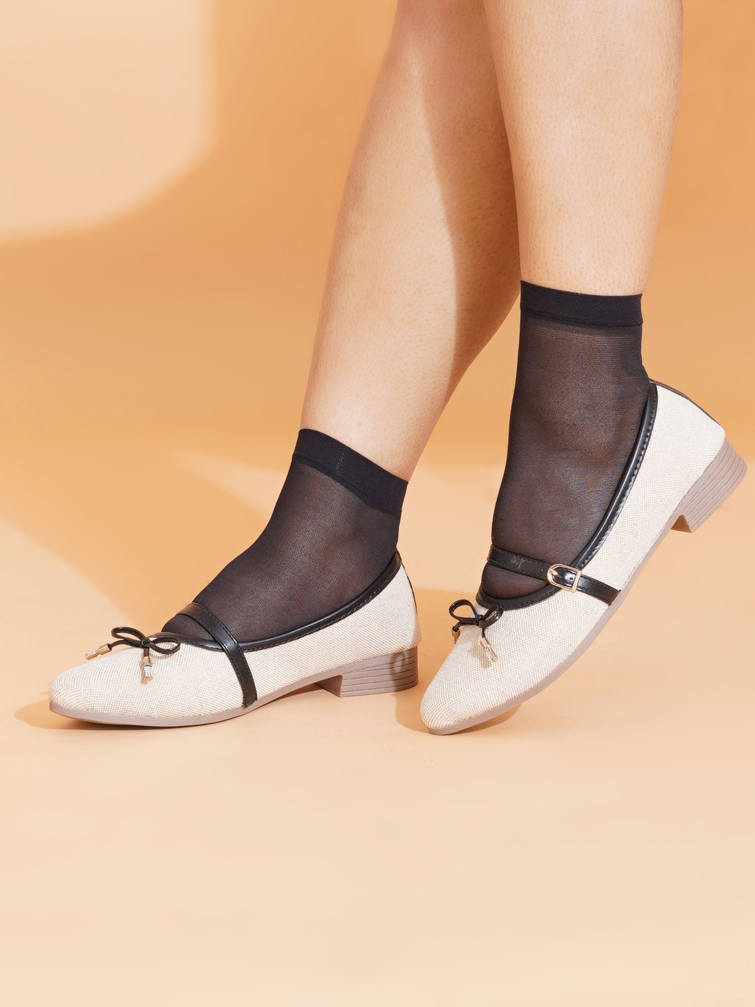 Linen Textured Pointed Toe Mary Jane Ballet