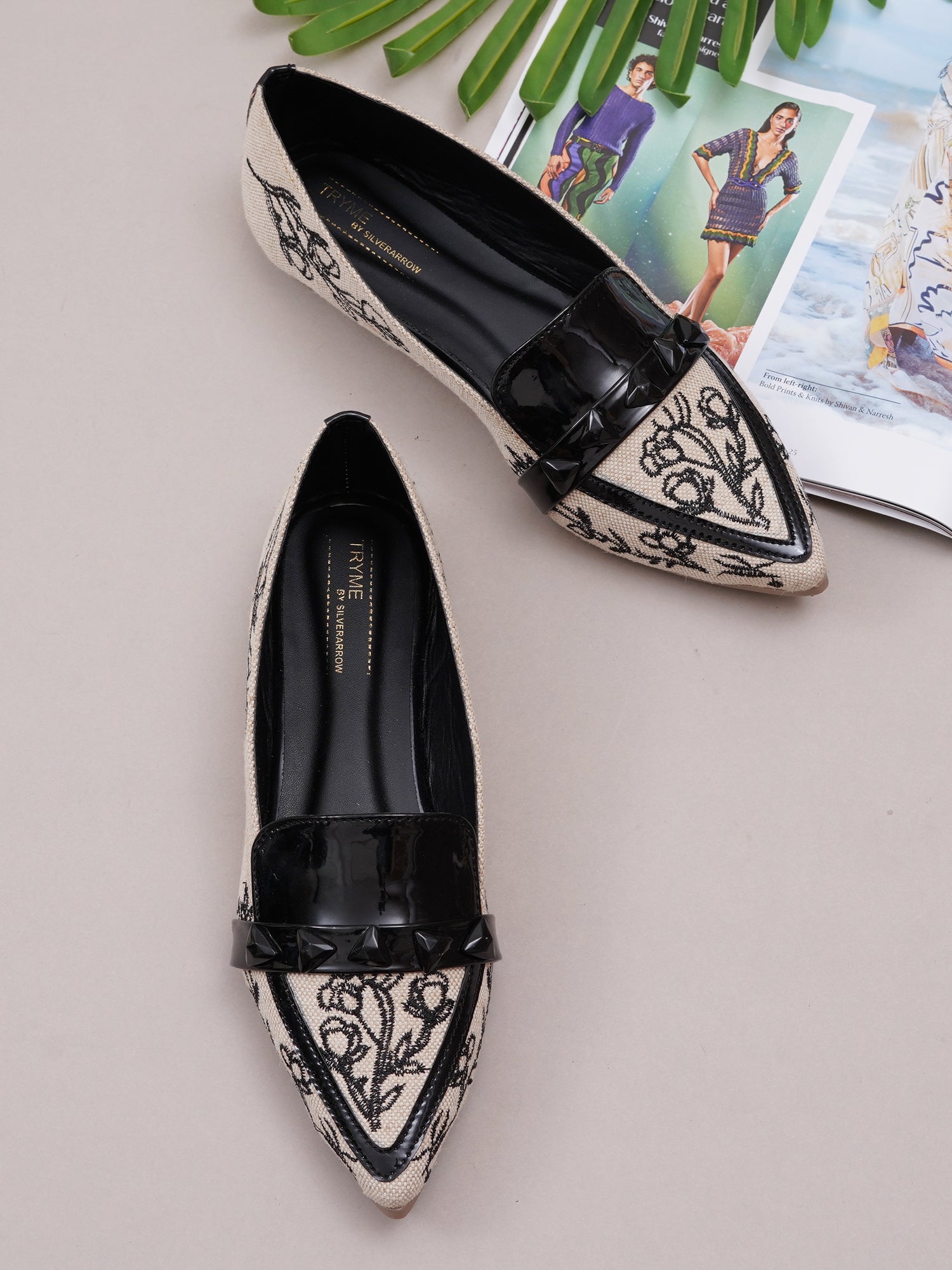 Embroidered Pointed Toe Premium Printed Slip-On Ballet Flats