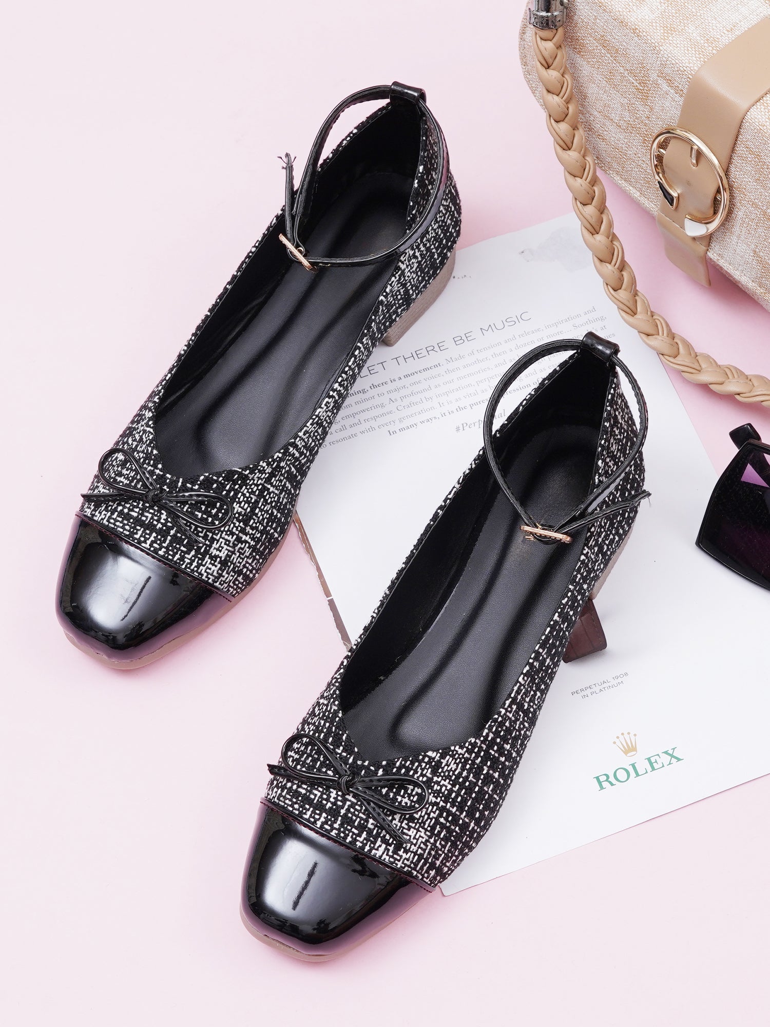 Elegant Tweed Texture Ballet Pumps Bellies with Ankle Strap