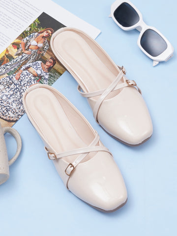 Elegant Double Strap Glossy Pointed Toe Mule Shoes