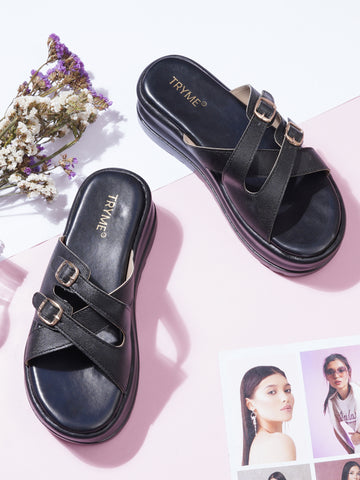 Elegent Double Buckle Comfort Platform Slides