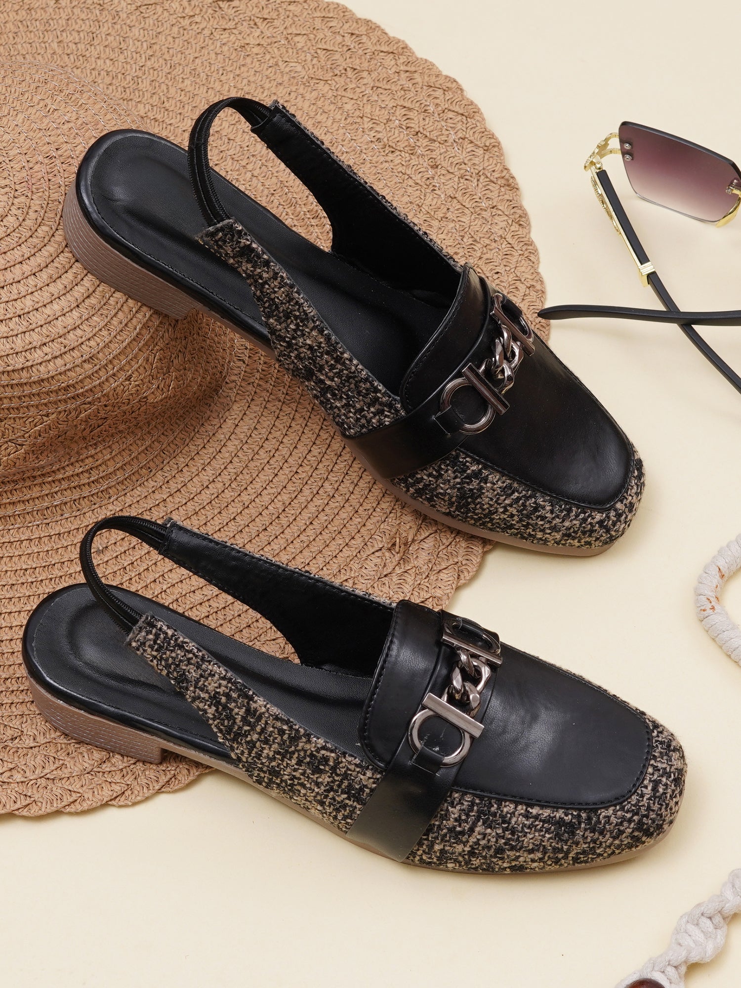 Fashion Tweed Chain Detail Slingback Mules