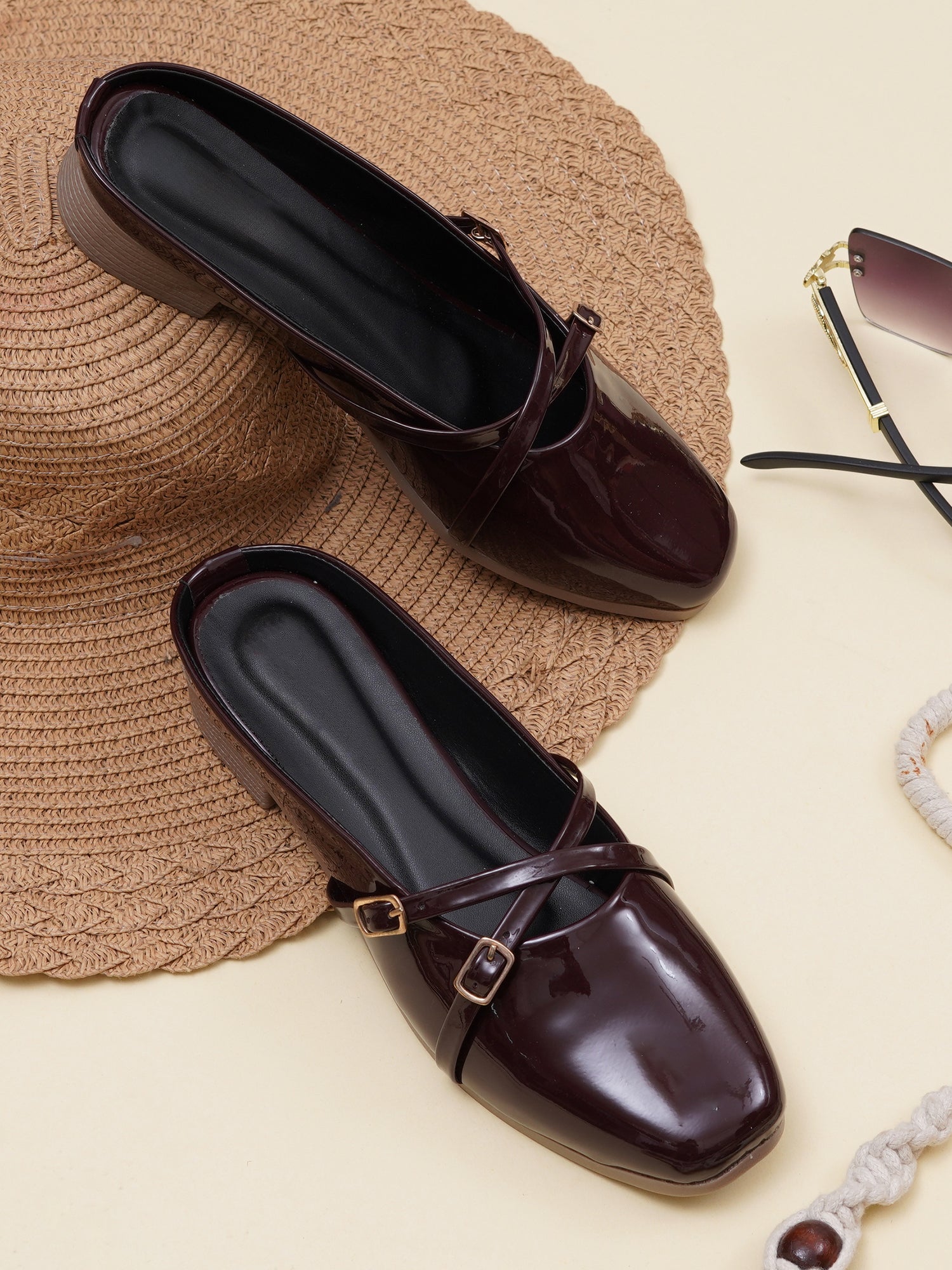 Elegant Double Strap Glossy Pointed Toe Mule Shoes