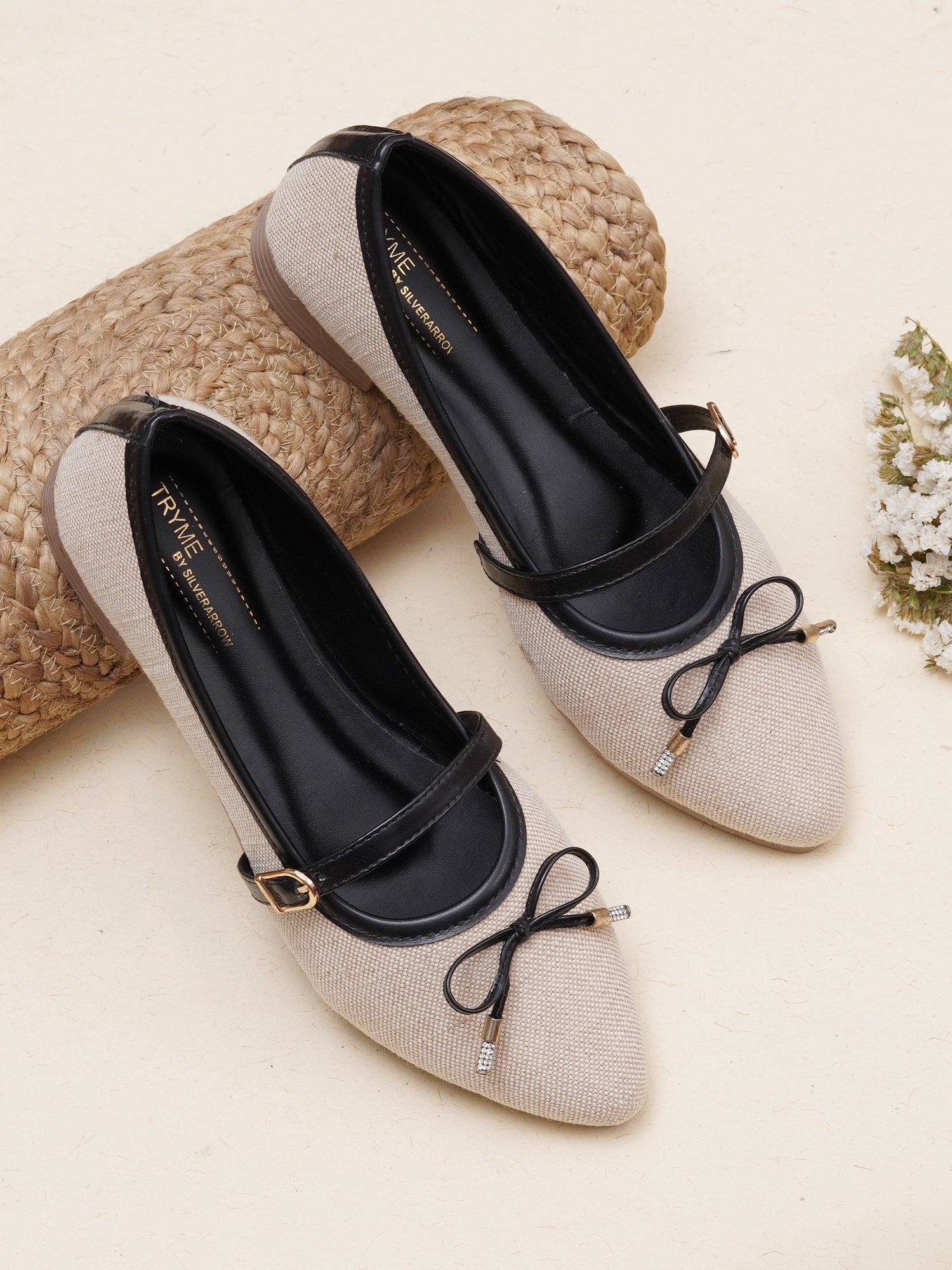 Linen Textured Pointed Toe Mary Jane Ballet