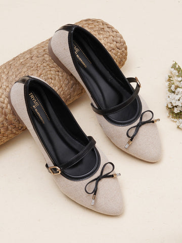 Linen Textured Pointed Toe Mary Jane Ballet