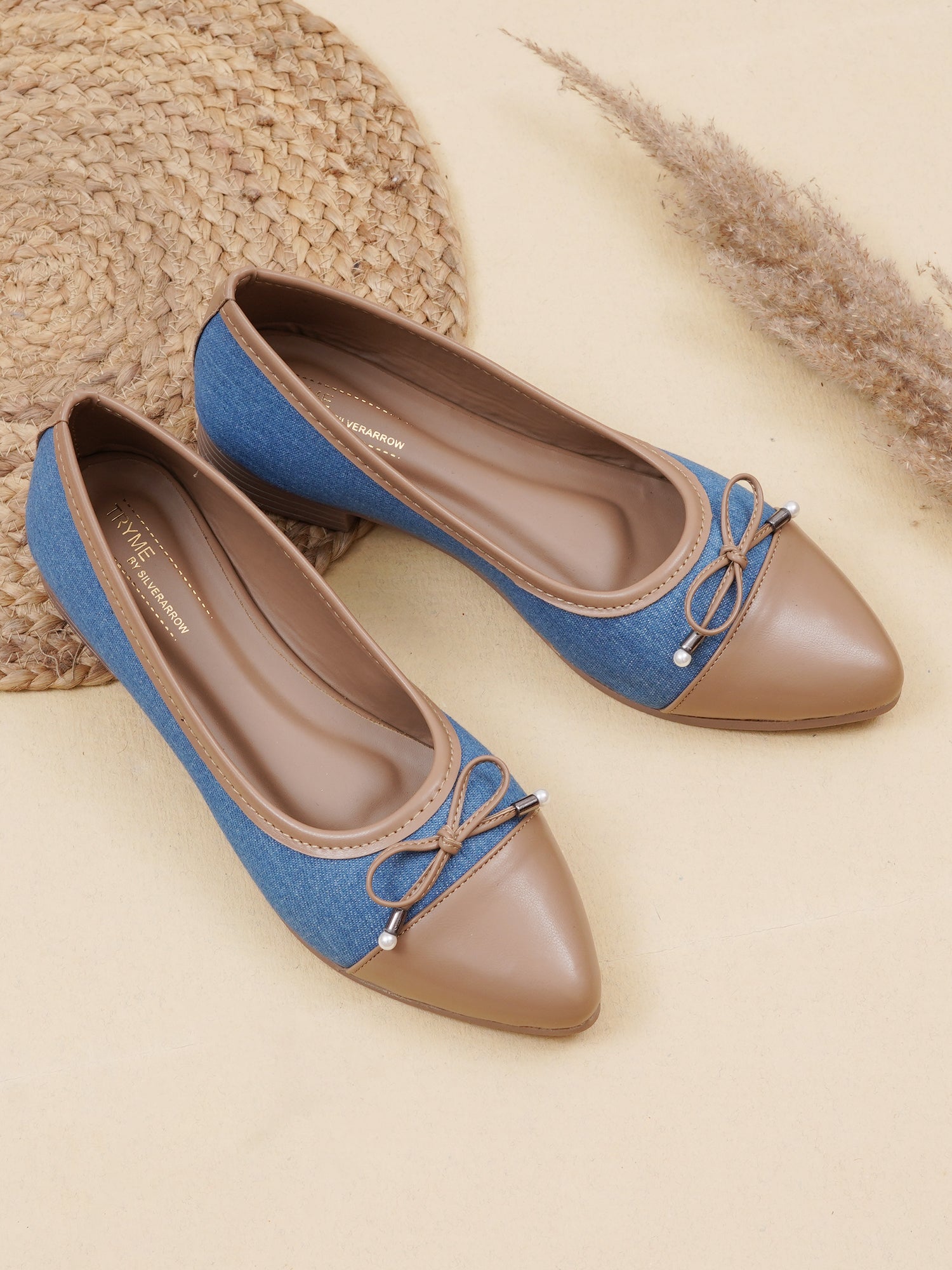 Denim Pointed Toes Bow Ballet Bellies Flat