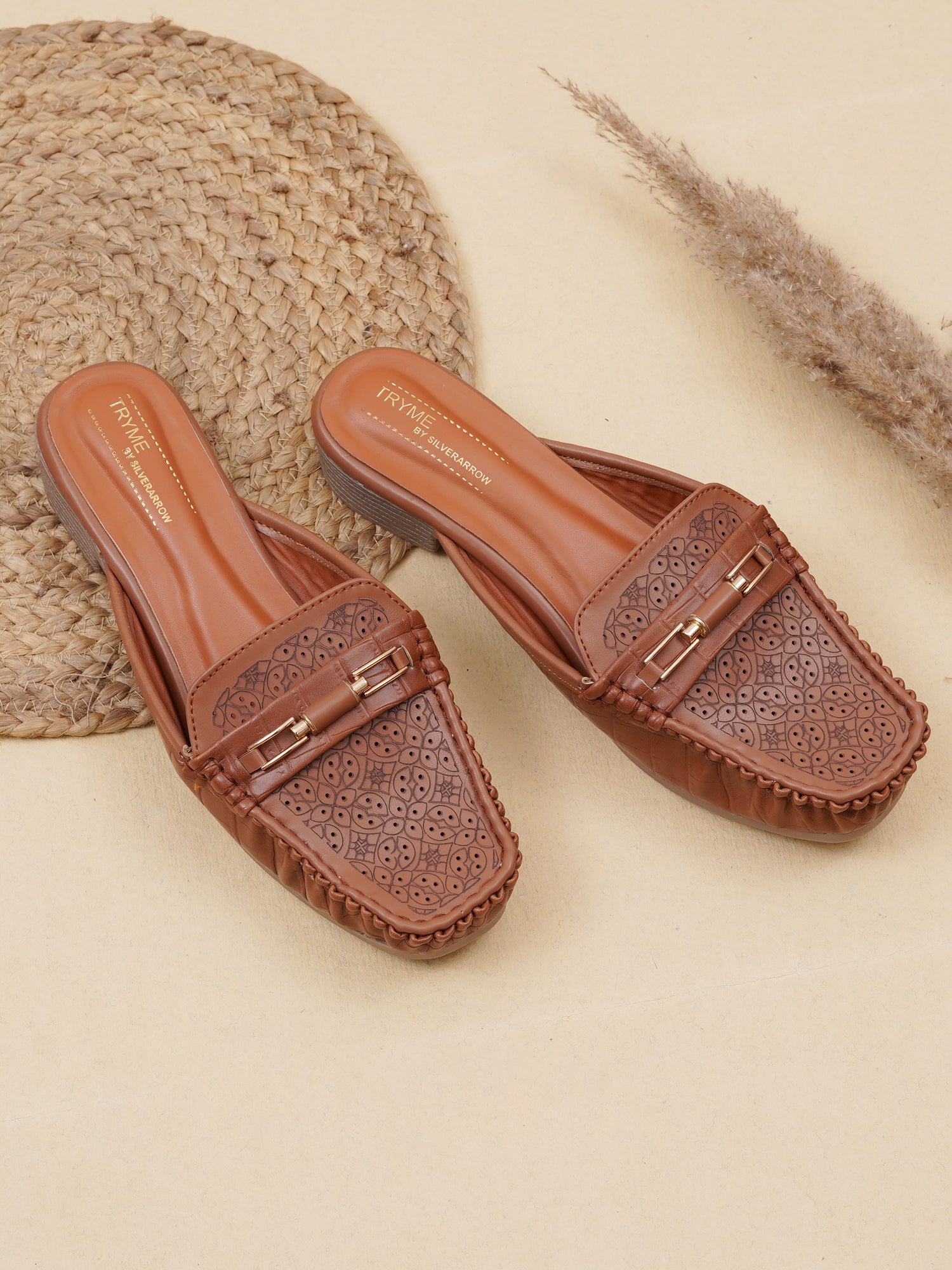 Comfort Cushioned Laser Slip-On Cut Loafer Mule Flats-Tan