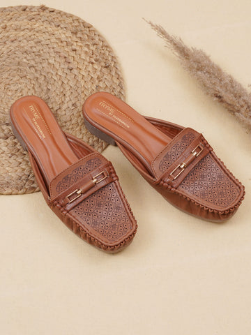 Comfort Cushioned Laser Slip-On Cut Loafer Mule Flats-Tan