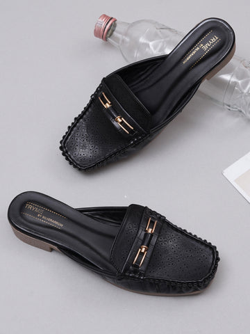 Comfort Cushioned Laser Slip-On Cut Loafer Mule Flats-Black