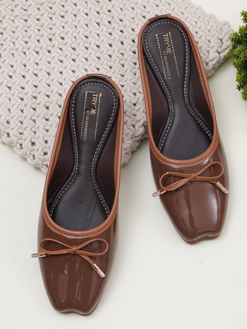 Glossy Square ToeMules with Bow Detail