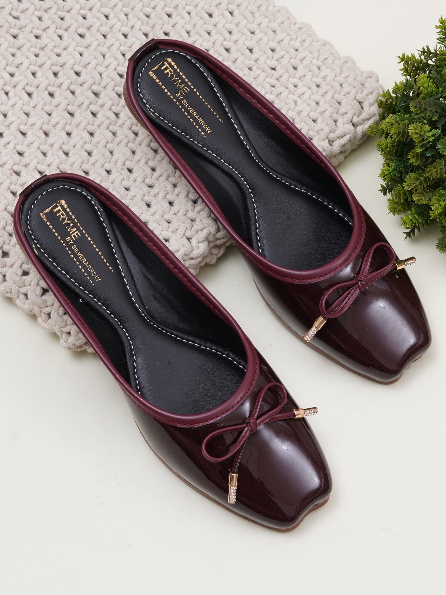 Glossy Square ToeMules with Bow Detail