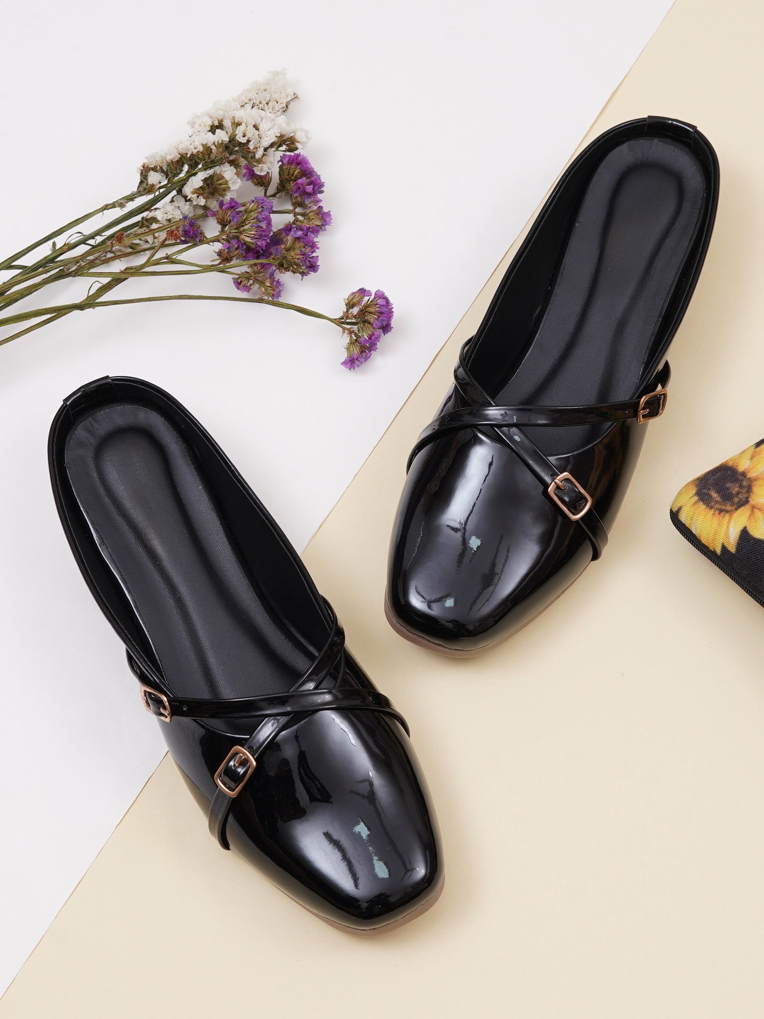 Elegant Double Strap Glossy Pointed Toe Mule Shoes