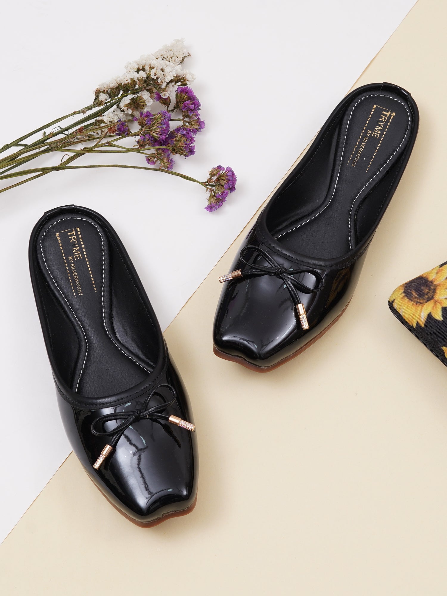Glossy Square ToeMules with Bow Detail