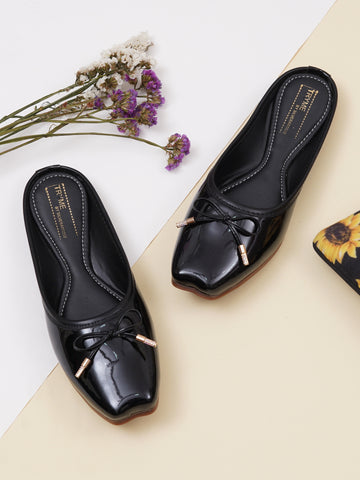 Glossy Square ToeMules with Bow Detail