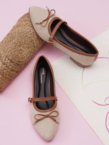 Linen Textured Pointed Toe Mary Jane Ballet