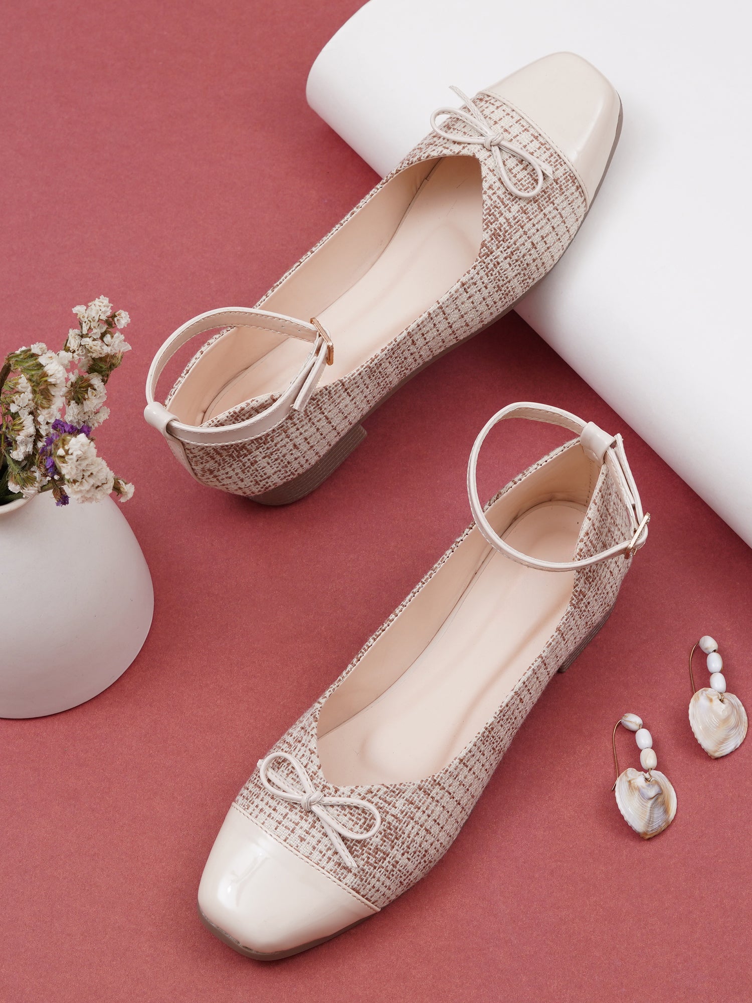 Elegant Tweed Texture Ballet Pumps Bellies with Ankle Strap