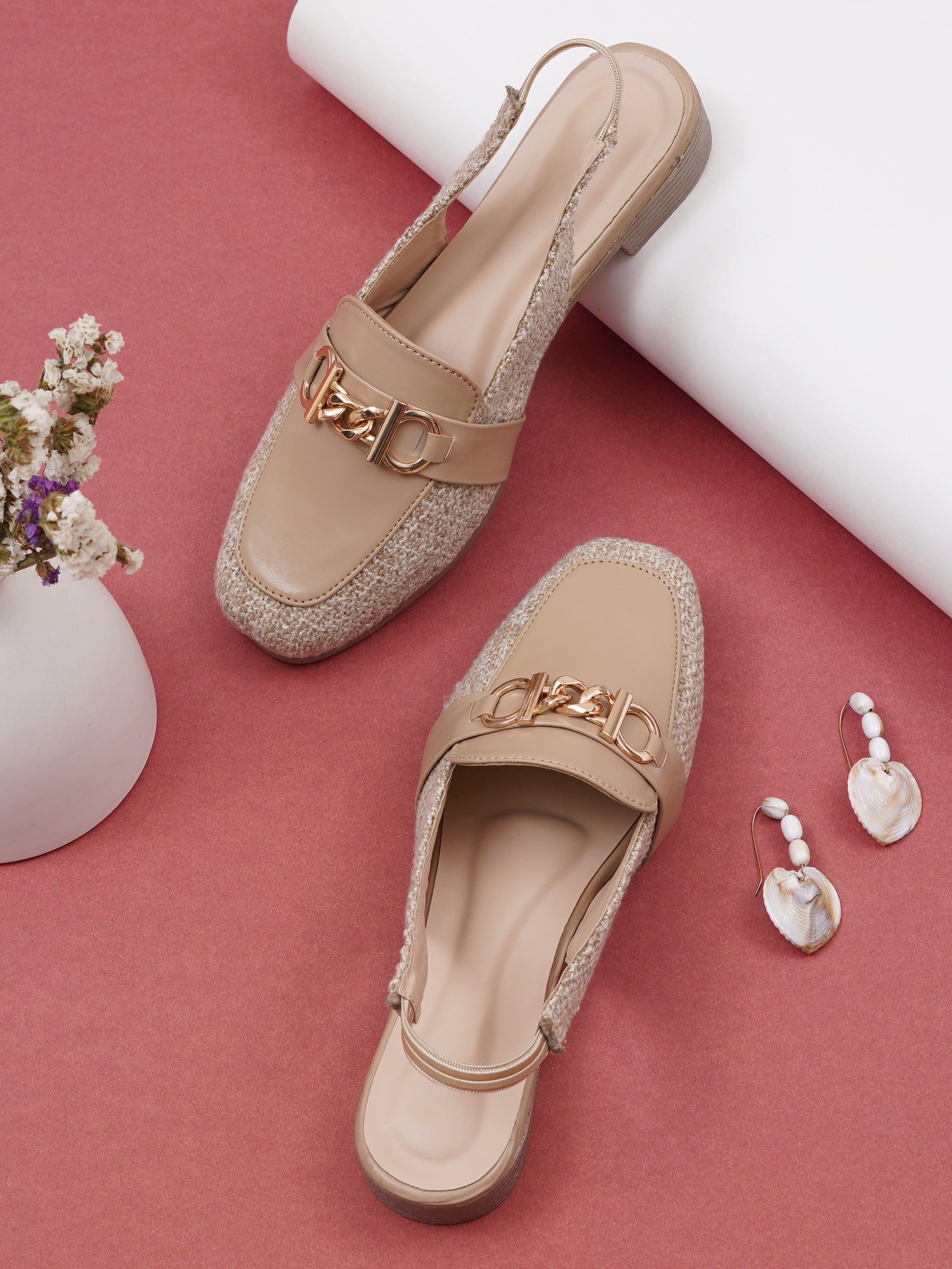 Fashion Tweed Chain Detail Slingback Mules