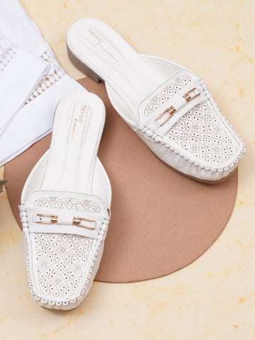 Comfort Cushioned Laser Slip-On Cut Loafer Mule Flats-White