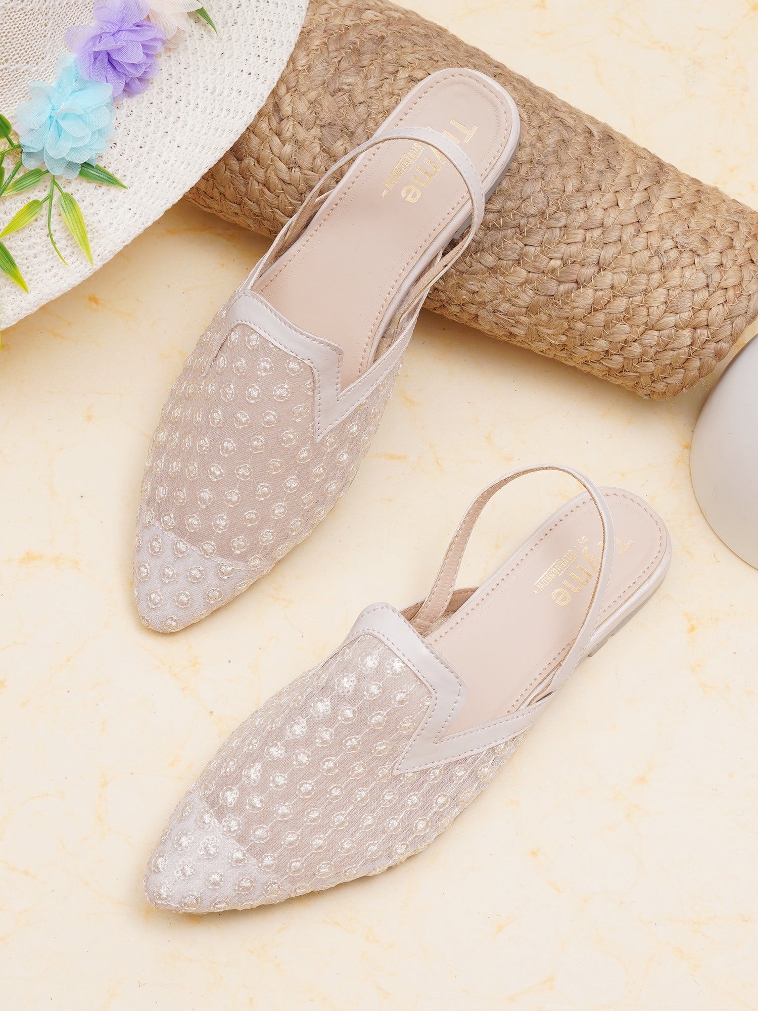 Embellished Pointed Toe Slingback Mules
