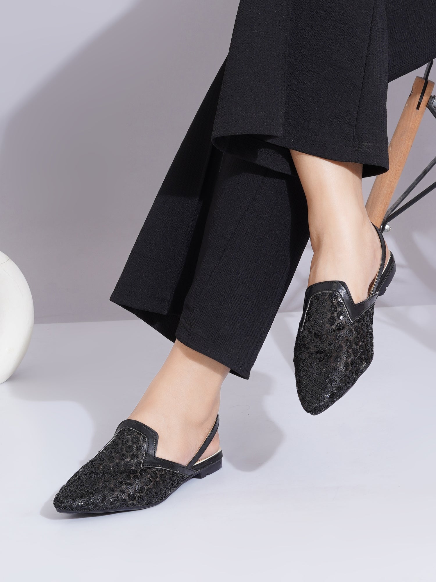 Embellished Pointed Toe Slingback Mules