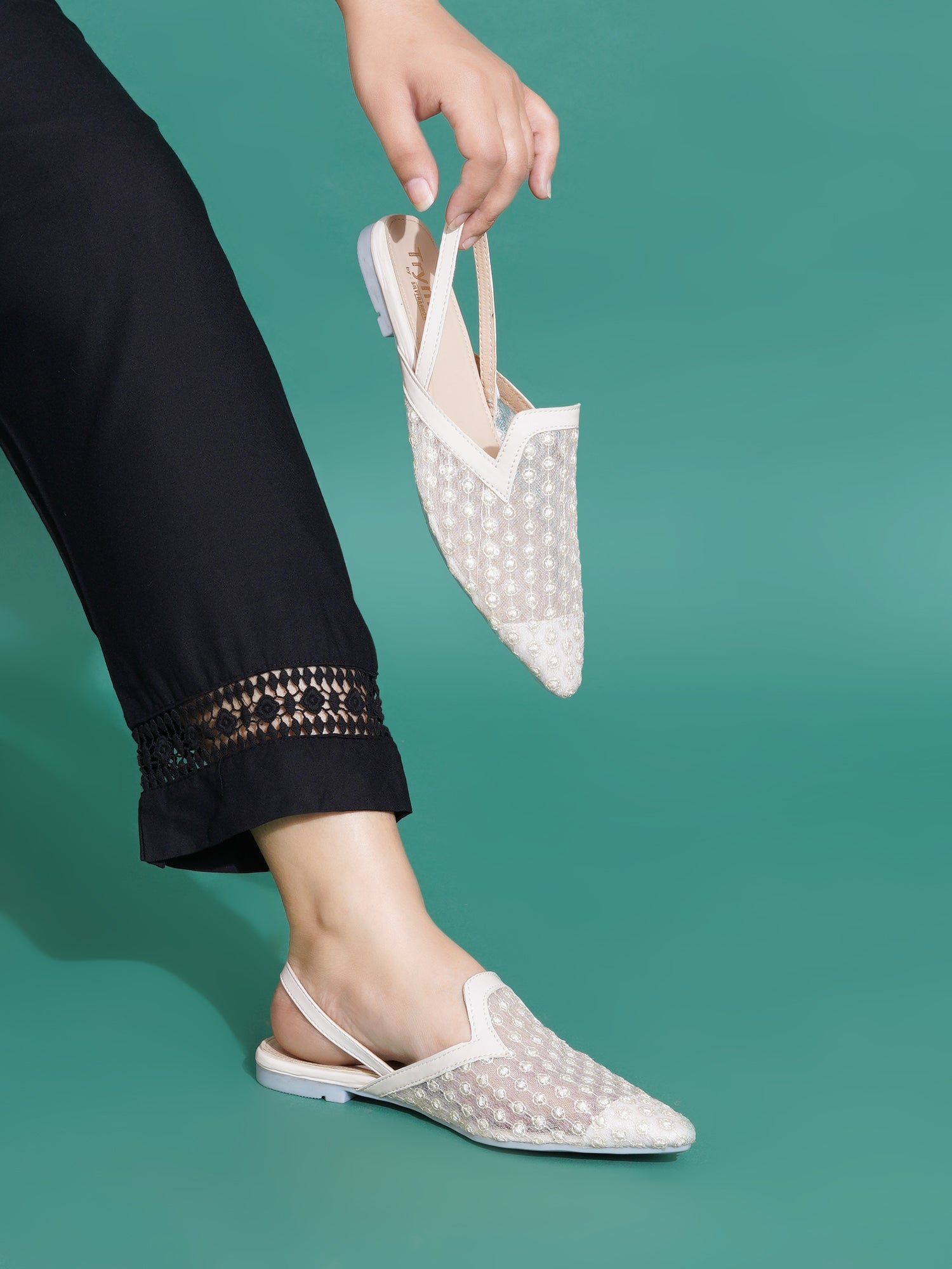 Embellished Pointed Toe Slingback Mules