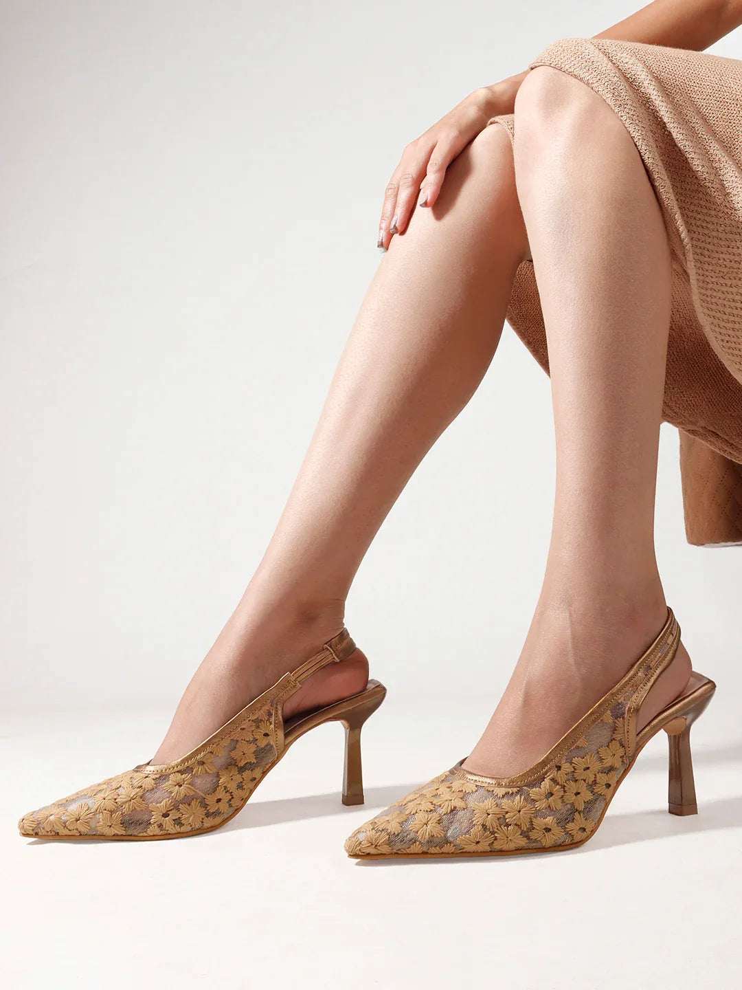 Embroidered Pointed Toe Slingback Heels with Mesh Design