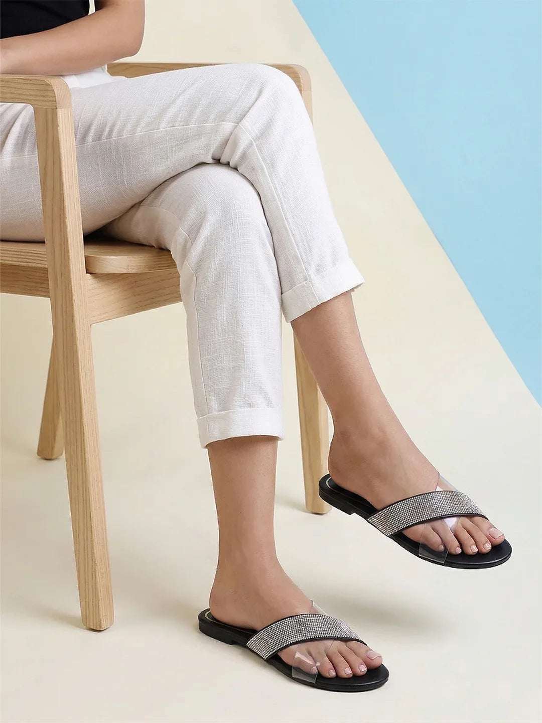 Transparent Strap Sandals Rhinestone Slip-On Flats