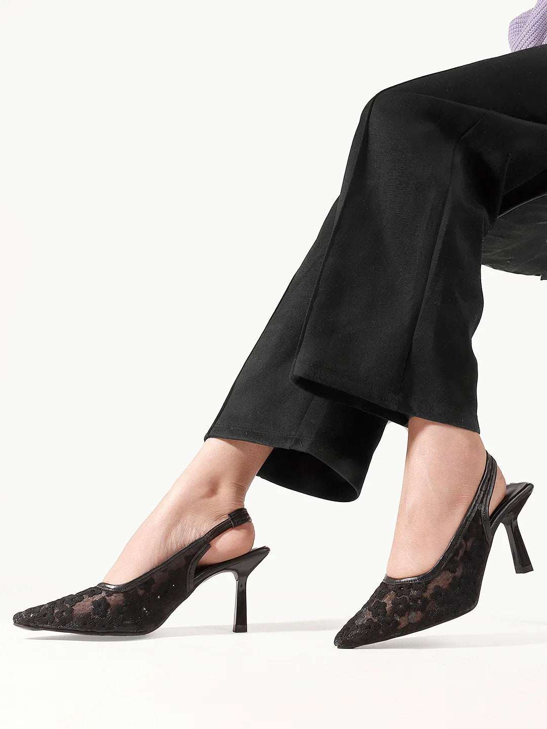 Embroidered Pointed Toe Slingback Heels with Mesh Design