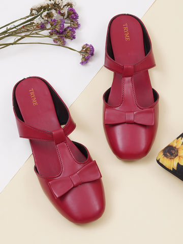 Casual Slip-On Women's Bow Detail T-Strap Mule Flats-Cherry