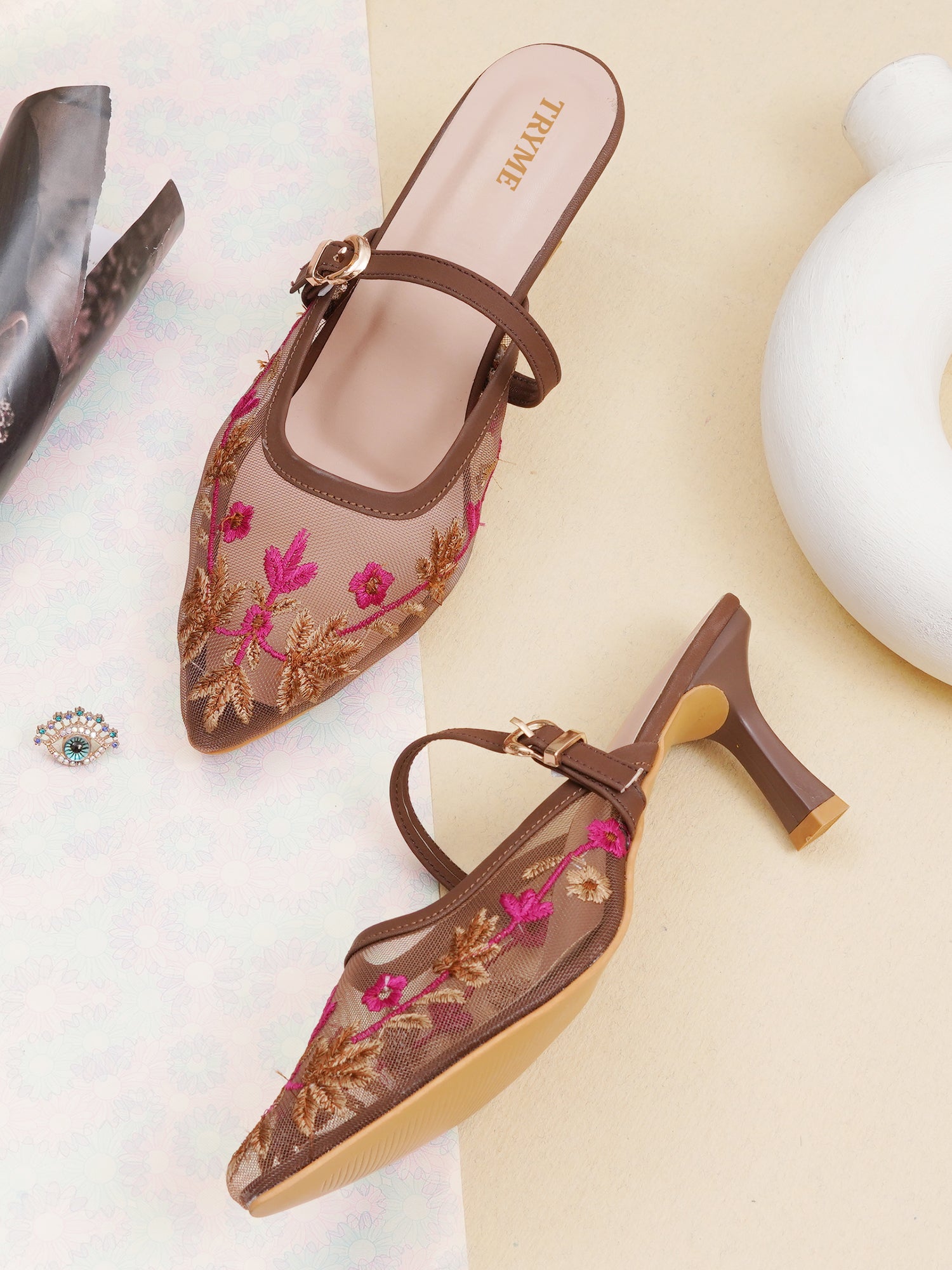 Embroidered Floral Mesh Slingback Kitten Heels