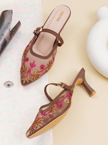 Embroidered Floral Mesh Slingback Kitten Heels
