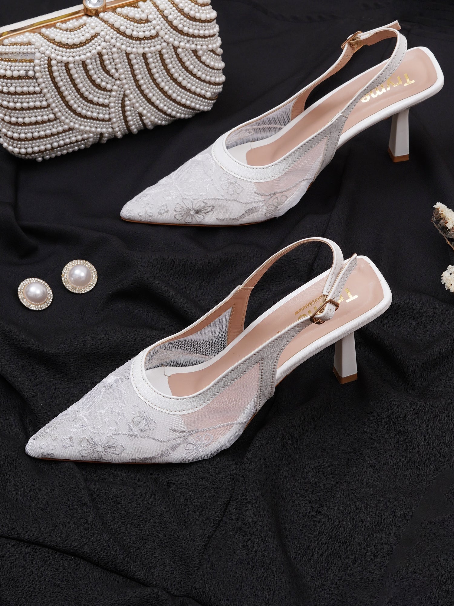 Floral Embroidered Mesh Slingback Kitten Heels
