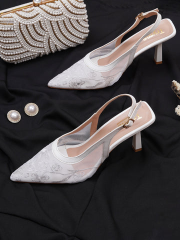 Floral Embroidered Mesh Slingback Kitten Heels
