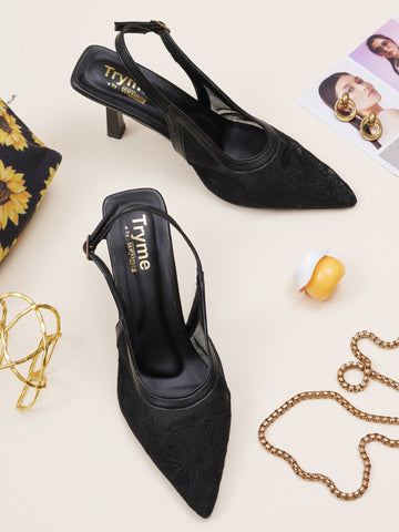 Floral Embroidered Mesh Slingback Kitten Heels