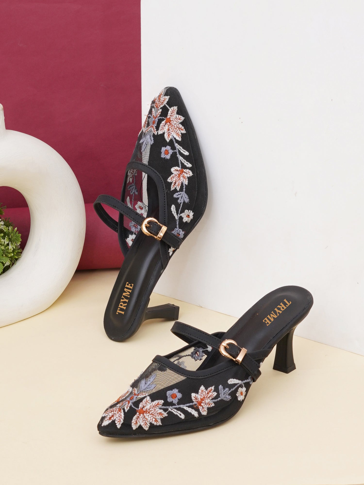 Embroidered Floral Mesh Slingback Kitten Heels