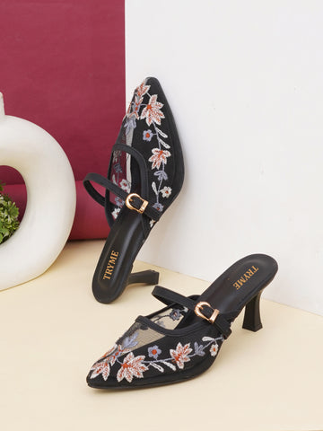 Embroidered Floral Mesh Slingback Kitten Heels