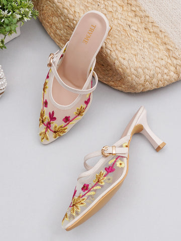 Embroidered Floral Mesh Slingback Kitten Heels