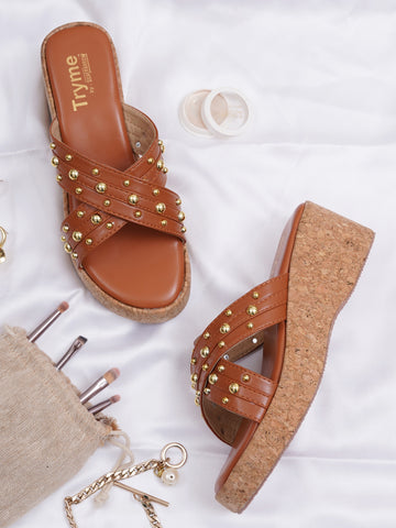 Studded Cross Strap Cork Wedge Slides