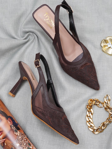 Floral Embroidered Mesh Slingback Kitten Heels